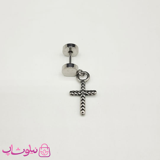 خرید  پیرسینگ گوش استیل مدل صلیب نقره ای رنگ استیل 