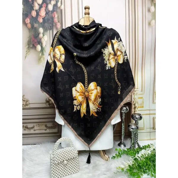 روسری ساتن ابریشم طرح زمرد قواره 140 توییل مجلسی