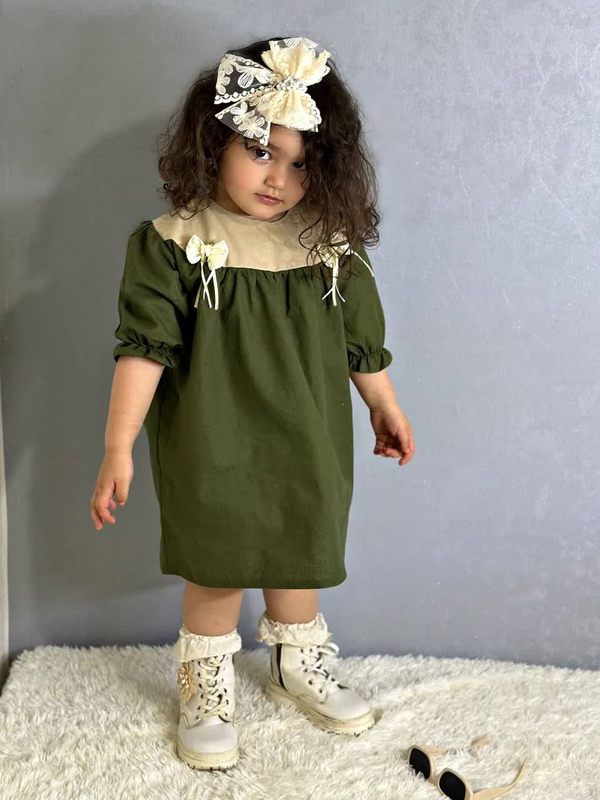 پیراهن دخترانه لینن سبز کد 041118