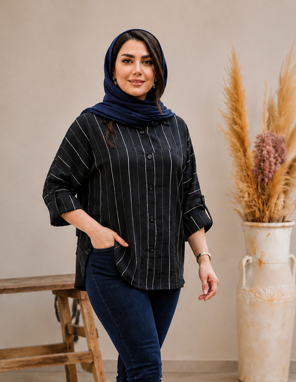 خرید شومیز تک مشکی راه راه پاگون دار قواره دار 38 تا 52 