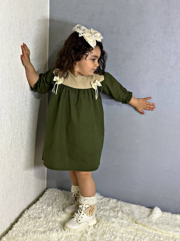 پیراهن دخترانه لینن سبز کد 041118
