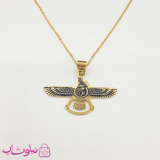 خرید  گردنبند دخترانه طرح فروهر طلایی سیاه قلم 