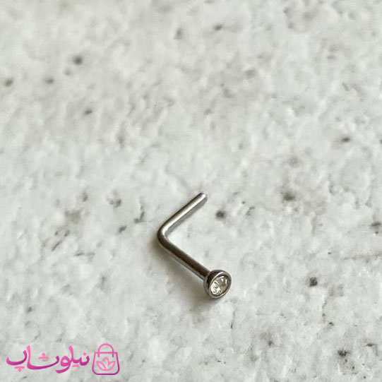 خرید  پیرسینگ بینی L شکل نگین ریز سفید نقره ای رنگ 