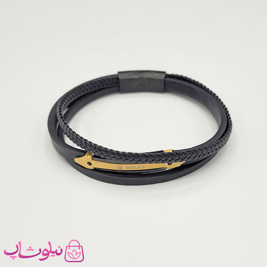 خرید  دستبند مردانه چرم استیل مدل رولکس رنگ طلایی مشکی کیفیت مستر 