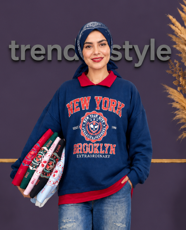 خرید پولوشرت زنانه دولایه دورس سه نخ طرح نیویورک New York بدون پرزدهی