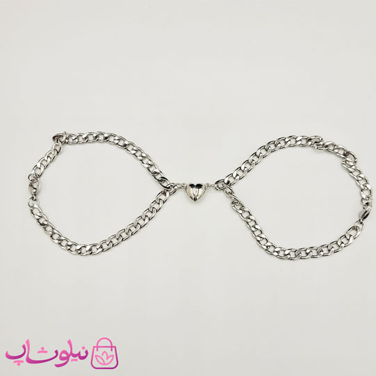 خرید دستبند ست عاشقانه (کاپلی) استیل مدل قلب با زنجیر کارتیه نقره ای رنگ 