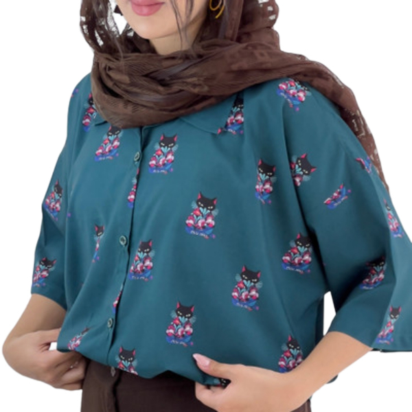 خرید شومیز قلبی miu miu آستین کوتاه طرح گربه 