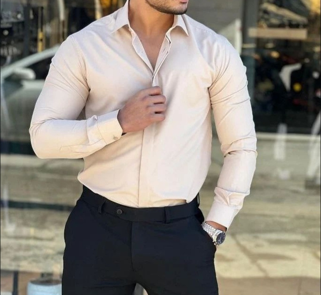 خرید  پیراهن مردانه رنگ کرم پاستیلی-