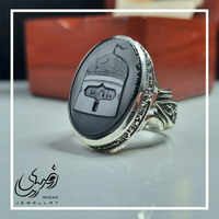 خرید انگشتر نقره روس عقیق مشکی مردانه حکاکی گنبد امام رضا ع رنگ ثابت 