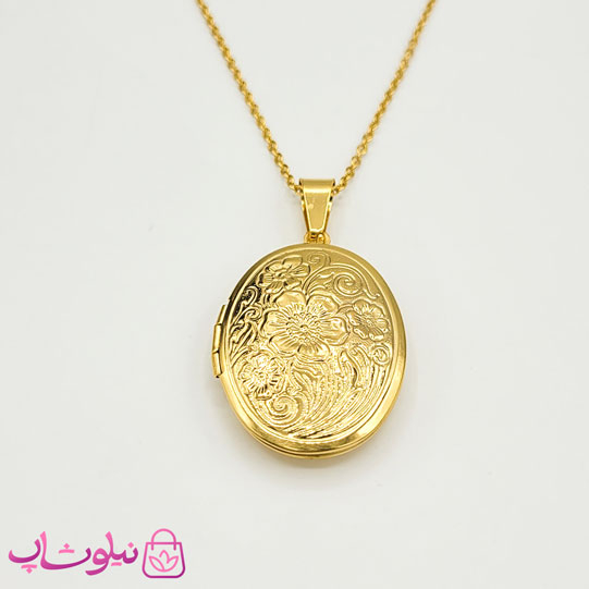 خرید  گردنبند لاکت بیضی طرح گل طلایی 