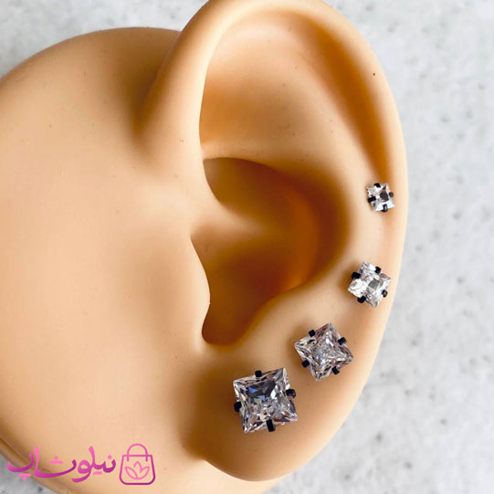 خرید پیرسینگ گوش نگین مربع پایه مشکی در 4 سایز 
