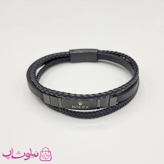 خرید  دستبند مردانه چرم استیل مدل رولکس فول مشکی کیفیت مستر 