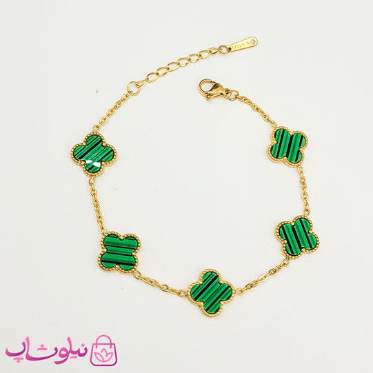 خرید  دستبند دخترانه مدل ونکلیف سبز طلایی 