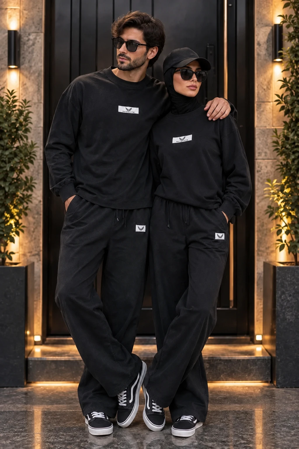 خرید ست دورس و شلوار بگ دو نخ پنبه کاپلی (Oversize) رنگ مشکی 