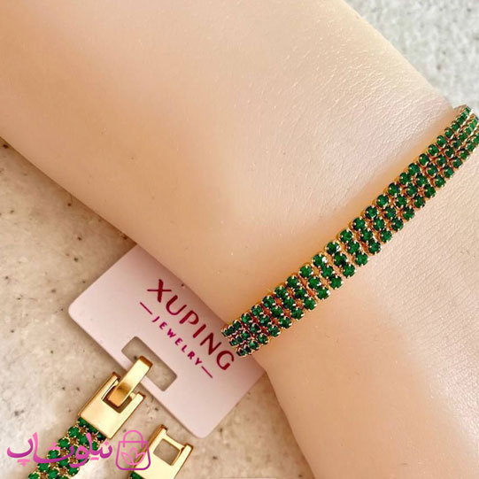 خرید  دستبند دخترانه ژوپینگ طرح تنیسی سبز طلایی سه لاین 
