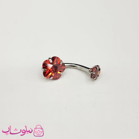 خرید  پیرسینگ ناف استیل نقره ای رنگ طرح گل قرمز 