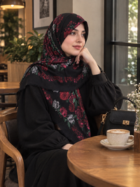 خرید روسری زمینه مشکی گل سرخی جنس مودال وارداتی  قواره ۱۳۵ 