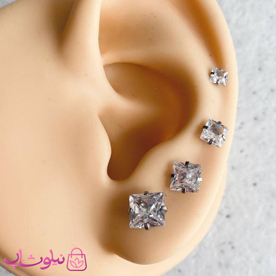خرید پیرسینگ گوش نگین مربع پایه نقره ای در 4 سایز 