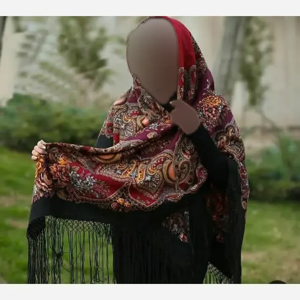خرید روسری ترکمنی اصل پشمی ریشه ابریشم برند Pavlovo Posad قواره 148 سانتی متر تولید روسیه 