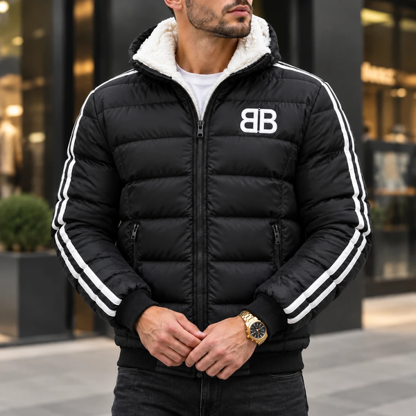 خرید کاپشن پفکی ضدآب B9570 با دوخت‌های افقی و خطوط دوگانه سفید اسپرت روی آستین‌ها 