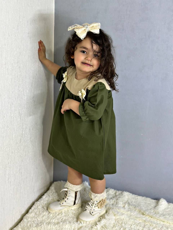 پیراهن دخترانه لینن سبز کد 041118