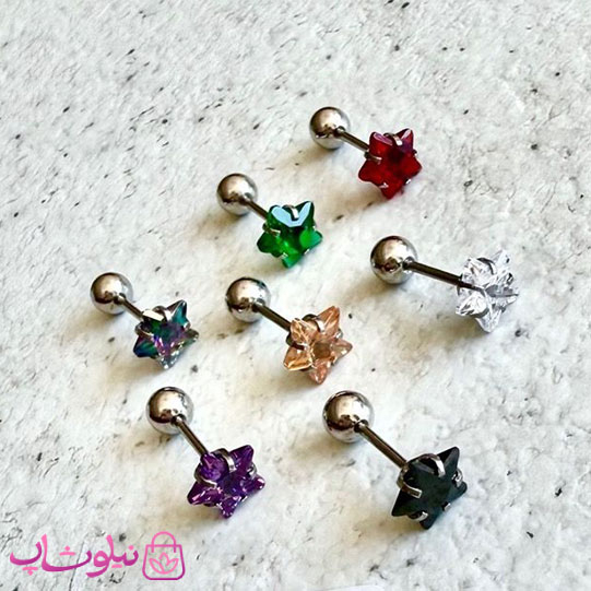 پیرسینگ گوش پایه نقره ای مدل ستاره نگین رنگی کد 599