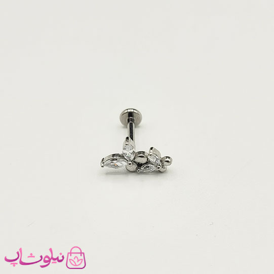 خرید  پیرسینگ گوش مدل پروانه نگین سفید نقره ای رنگ 