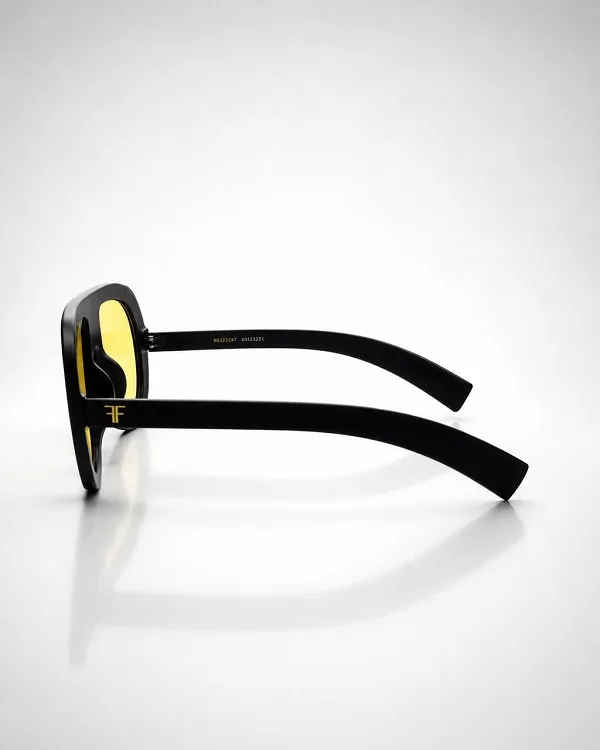 عینک آفتابی UV400 اروپایی اورسایز فریم مشکی عدسی زرد | Yellow Lens Flat-Top Aviator Oversized Sunglasses