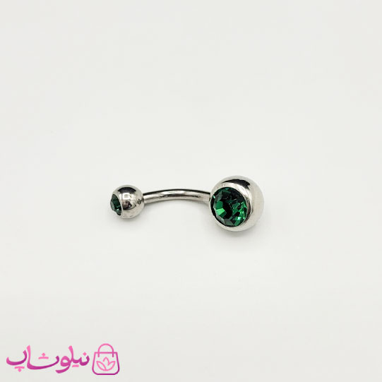 خرید پیرسینگ ناف استیل نقره ای مدل نگین سبز 