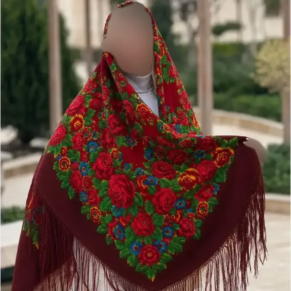 خرید روسری ترکمنی پشمی اصل قرمز برند Pavlovo Posad قواره 148 در 148 سانتیمتر 
