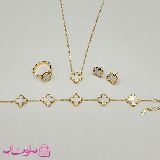 خرید  سرویس زنانه طرح ونکلیف سفید طلایی تک گل 