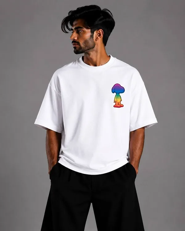 تیشرت باکسی سفید | طرح اسنوپی رنگینکمانی | استایل KAWS Toy Art