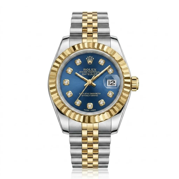 خرید ساعت زنانه رولکس دیت جاست استیل طلایی صفحه سرمه ای موتور کوارتز ژاپن شیشه مینرال تقویم ذره بینی ماندگاری رنگ 