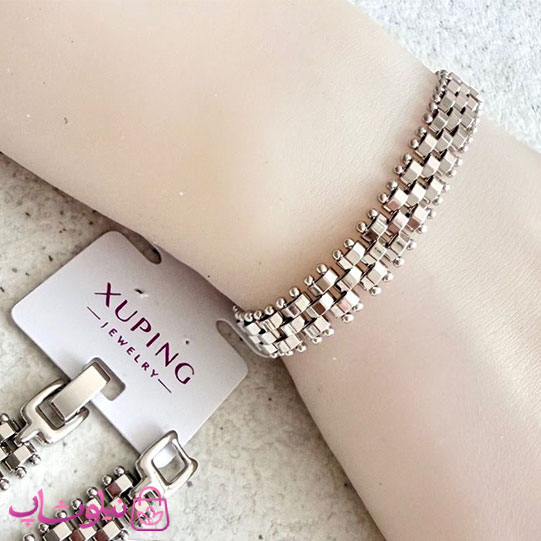 خرید دستبند زنانه ژوپینگ مدل رولکس Rolex نقره ای رنگ طول 19 سانت عرض 9 میل