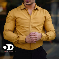 خرید  پیراهن مردانه خردلی پارچه شانلی کش با یقه snt  