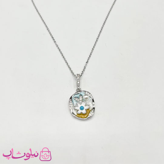 خرید  گردنبند زنانه میناکاری شده طرح گل سفید 