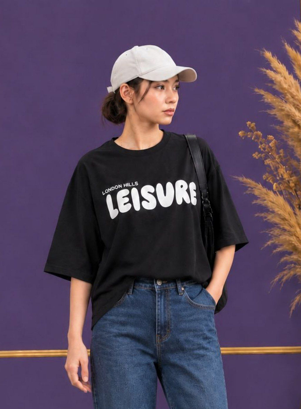 خرید تیشرت زنانه لانگ باکسی طرح Leisure جنس نخ پنبه سوپر فری سایز (۴۰ تا ۵۰)