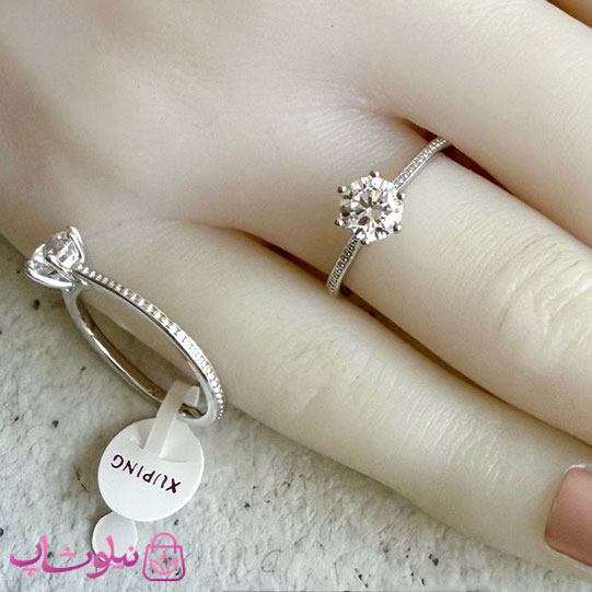 خرید انگشتر زنانه ژوپینگ طرحدار نقره ای مدل سولیتر نگین سفید