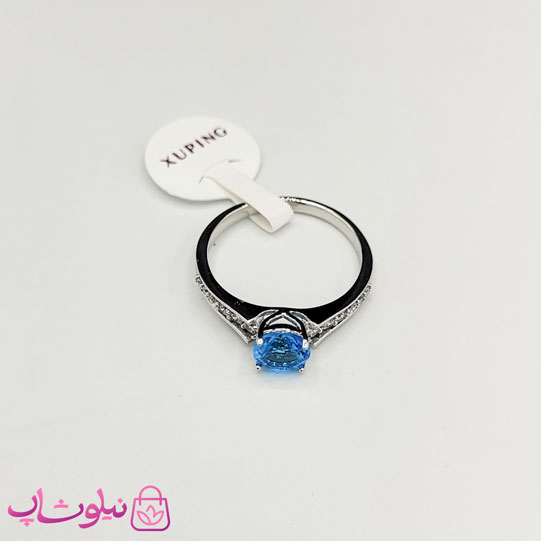 خرید  انگشتر زنانه ژوپینگ نقره ای رنگ مدل نگین آبی 