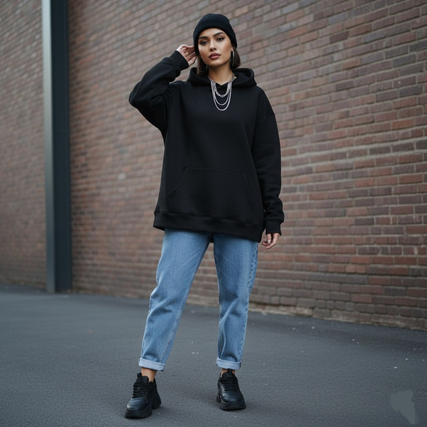 هودی مشکی اوور سایز LANE SEVEN