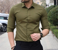 خرید پیراهن‌ مردانه سبز زیتونی پارچه دوشین اعلا دکمه مخفی 