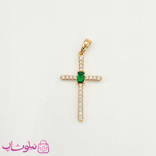 خرید  پلاک زنانه ژوپینگ مدل صلیب نگین سبز 