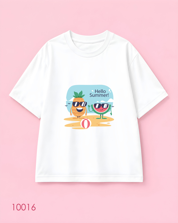خرید تیشرت اورسایز نخ پنبه طرح Hello Summer آناناس و هندوانه ساحلی
