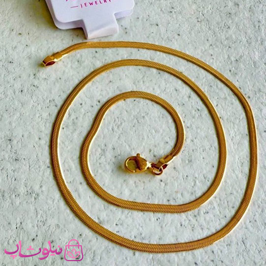 خرید زنجیر زنانه ژوپینگ طلایی مدل هرینگبون تخت طول 45 سانت 