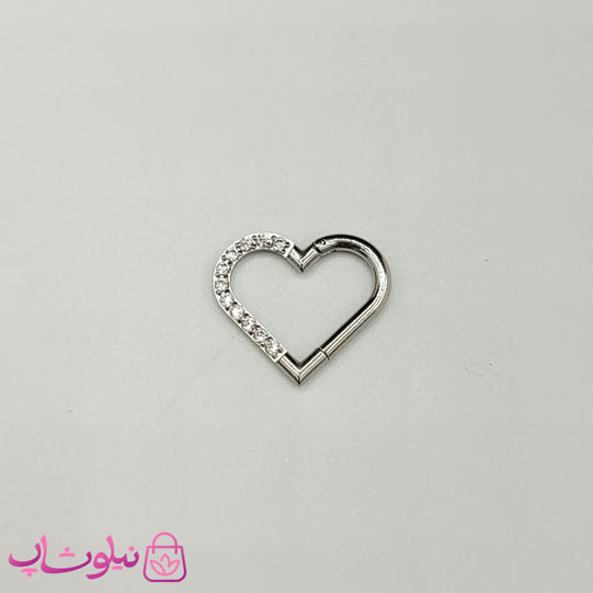 خرید  پیرسینگ دیث گوش استیل نقره ای رنگ مدل قلب نگین سفید 