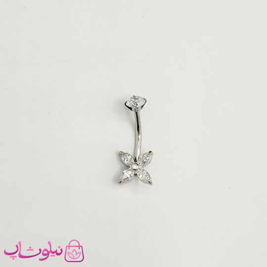 خرید  پیرسینگ ناف مدل پروانه/ گل نقره ای رنگ نگین سفید 