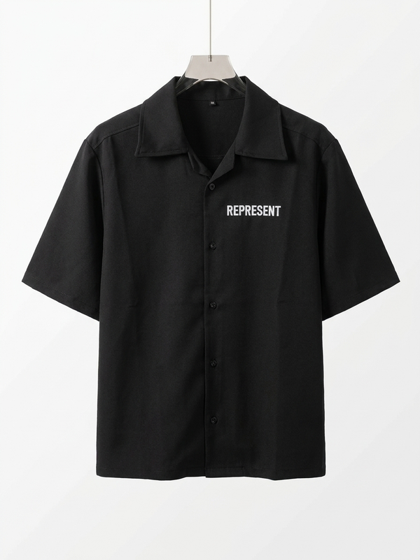 خرید پیراهن مشکی مازراتی سه ربع لش باکسی با چاپ Represent/ اورجینال دیلم 