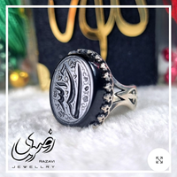 خرید انگشتر مردانه عقیق مشکی با حکاکی دست استاد فتح و رکاب آلیاژ نقره روس 