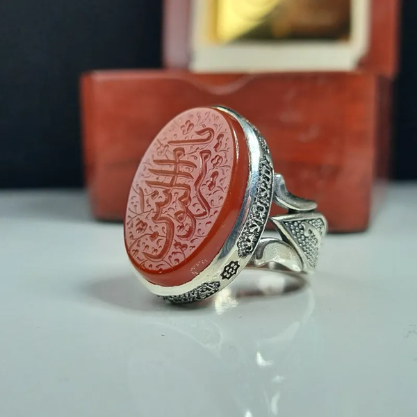 خرید انگشتر مردانه نقره عقیق سرخ خطی امیرالمومنین ع 