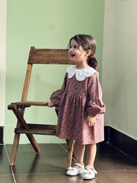 پیراهن مجلسی دخترانه پاییزی زمستانی لینن کرکی یقه دانتل | لباس دخترانه ۲ تا ۹ سال